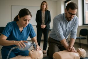 Nurse practicing BLS with bag valve mask beside office worker practicing CPR compressions
