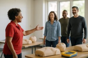 CPR instructor welcoming students to a training room with manikins and AED trainers