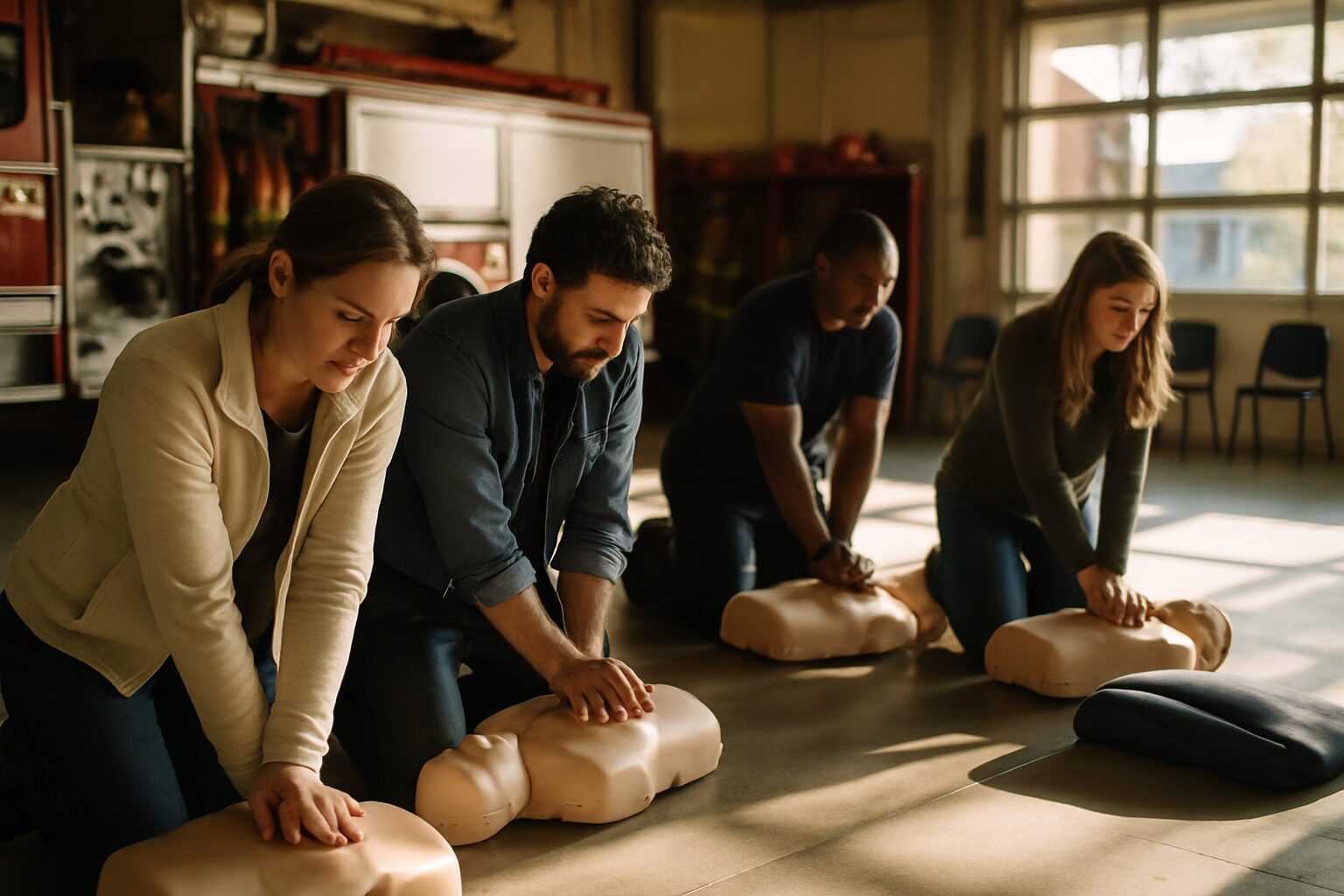 Adults practicing CPR on manikins in a Northern California fire station training room