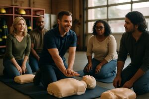 CPR training class with instructor and manikins in Vacaville fire station training room
