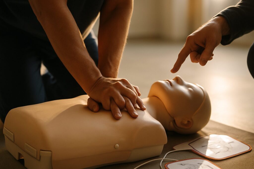 Hands performing chest compressions on CPR manikin with AED trainer nearby