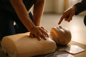 Hands performing chest compressions on CPR manikin with AED trainer nearby