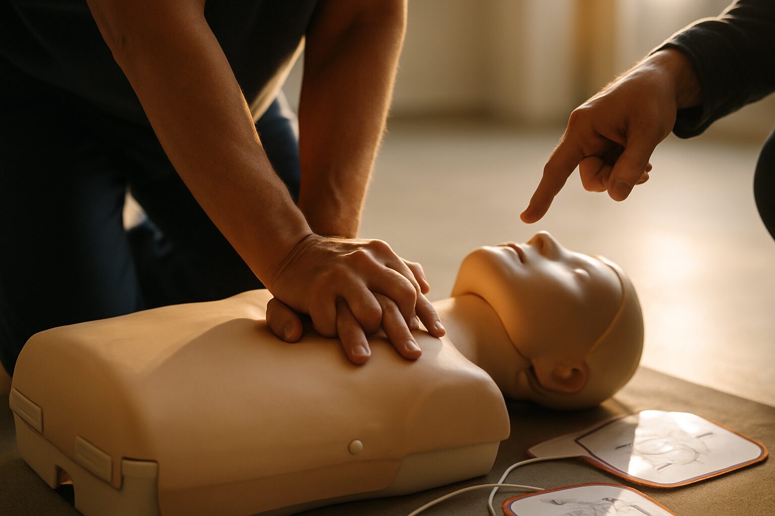 Hands performing chest compressions on CPR manikin with AED trainer nearby