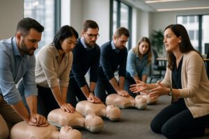 Workplace team practicing CPR on manikins in an office meeting room with instructor